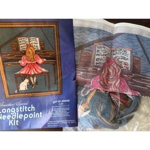 Vtg1981 Candamar Designs Girl at Piano Longstitch Needlepoint Kit 30180 14x18